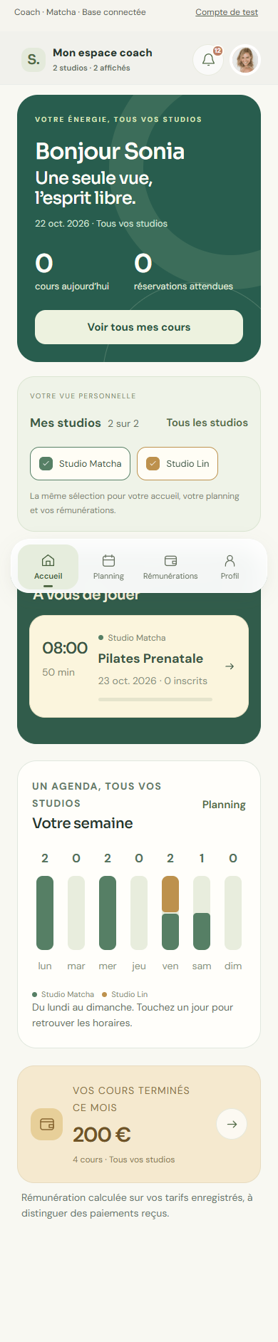 Interface de l’espace coach Pilatia, avec compteurs illustratifs pour cette présentation