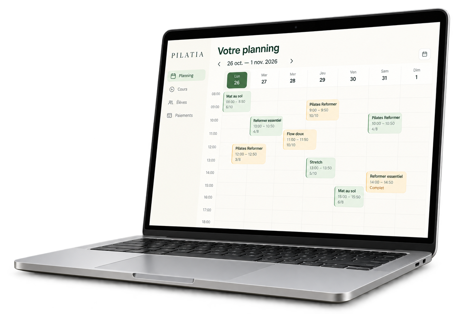Proposition de la future vue ordinateur Pilatia : planning hebdomadaire et cours en vert sauge et ambre