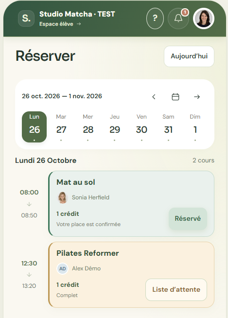 Capture de réservation Pilatia : Mat au sol réservé et Pilates Reformer en liste d’attente